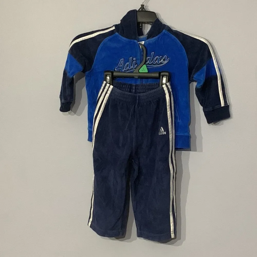 Vintage ADIDAS Infant Baby Boys Velour Hoodie Sweatshirt & Sweatpants Set 24M